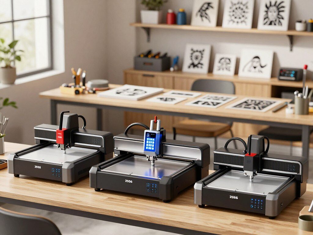 A sleek, modern workspace featuring the top laser engravers of 2026. In the foreground, showcase three advanced laser engraver models, highlighting their features with glossy finishes and illuminated control panels, emphasizing the precision and technology behind each device. The middle ground should include a well-organized workbench with crafting materials and sample engravings, suggesting creativity and versatility. In the background, softly blurred shelves display additional tools and completed projects, lending depth to the scene. Warm, natural lighting enhances the atmosphere, creating a professional yet inviting environment. Use a focal length that draws attention to the engravers while still providing context of the workspace. The mood is innovative and inspiring, perfect for showcasing the evolution of laser engraving technology. A sleek, modern workspace featuring the top laser engravers of 2026. In the foreground, showcase three advanced laser engraver models, highlighting their features with glossy finishes and illuminated control panels, emphasizing the precision and technology behind each device. The middle ground should include a well-organized workbench with crafting materials and sample engravings, suggesting creativity and versatility. In the background, softly blurred shelves display additional tools and completed projects, lending depth to the scene. Warm, natural lighting enhances the atmosphere, creating a professional yet inviting environment. Use a focal length that draws attention to the engravers while still providing context of the workspace. The mood is innovative and inspiring, perfect for showcasing the evolution of laser engraving technology.