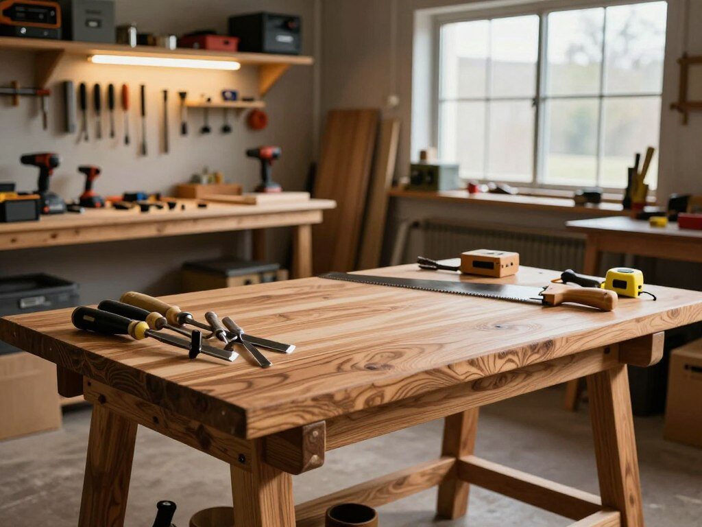 A sturdy workbench set in a well-lit workshop, showcasing a variety of tools and materials. In the foreground, highlight a wooden workbench with a rich oak grain, meticulously organized with a set of chisels, a saw, and a tape measure neatly arranged. The middle ground features a backdrop of shelves filled with various tools and power equipment, illuminated by warm, overhead lighting that enhances the craftsmanship atmosphere. A large window in the background lets in natural daylight, casting soft shadows across the scene. The mood is focused and industrious, evoking a sense of creativity and productivity in the pursuit of building and crafting. The composition captures the essence of a modern workshop, emphasizing functionality and inspiration without any text or distractions. A sturdy workbench set in a well-lit workshop, showcasing a variety of tools and materials. In the foreground, highlight a wooden workbench with a rich oak grain, meticulously organized with a set of chisels, a saw, and a tape measure neatly arranged. The middle ground features a backdrop of shelves filled with various tools and power equipment, illuminated by warm, overhead lighting that enhances the craftsmanship atmosphere. A large window in the background lets in natural daylight, casting soft shadows across the scene. The mood is focused and industrious, evoking a sense of creativity and productivity in the pursuit of building and crafting. The composition captures the essence of a modern workshop, emphasizing functionality and inspiration without any text or distractions.