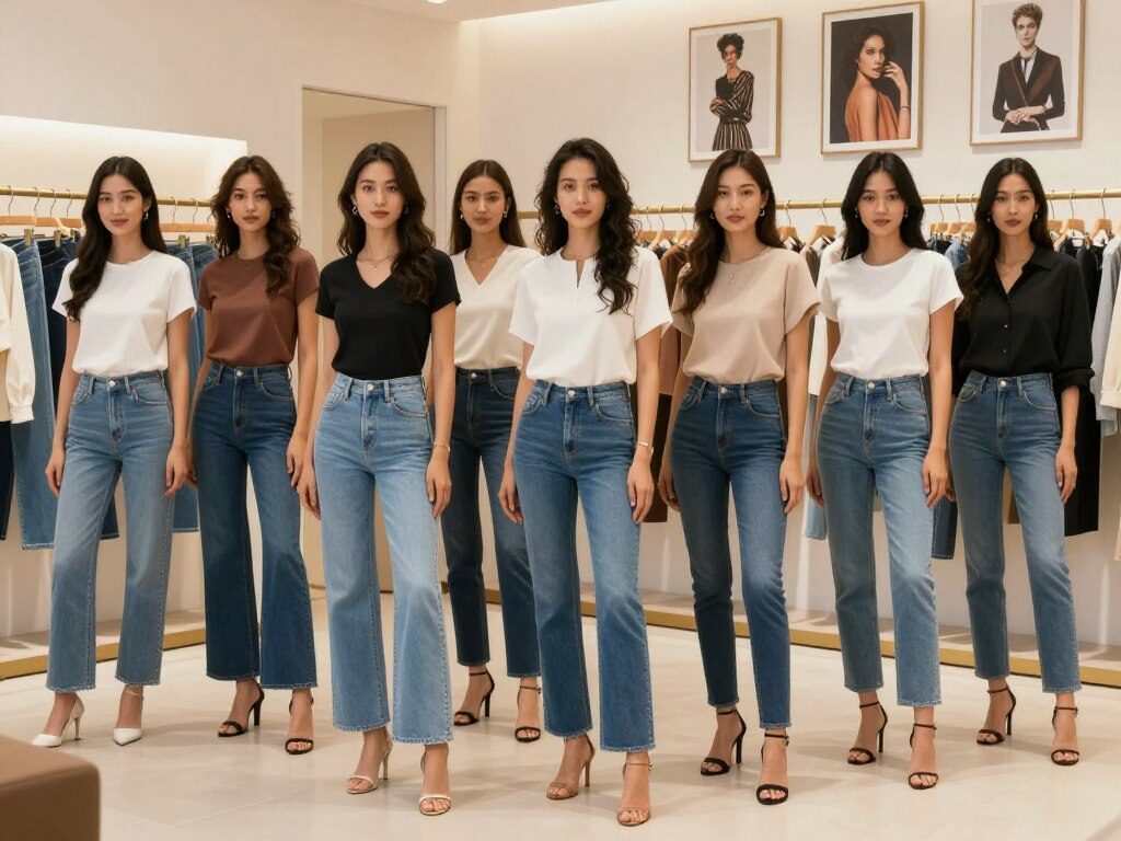 A stylish display of women's jeans representing the evolution of trends in 2026. In the foreground, showcase a diverse group of women wearing various fashionable jeans styles, including high-waisted, wide-leg, and skinny fits, exhibiting unique washes and highlights. Each woman is dressed in a modest, casual top that complements her jeans. In the middle ground, include a softly lit boutique setting with racks of jeans in different textures and colors, emphasizing contemporary fashion. The background features elegant hangers and wall art showcasing fashion icons through the years. Use warm, natural lighting to create an inviting atmosphere, shot from a slightly elevated angle to capture the full ensemble, highlighting the latest in women's denim trends while maintaining a cohesive and stylish presentation.