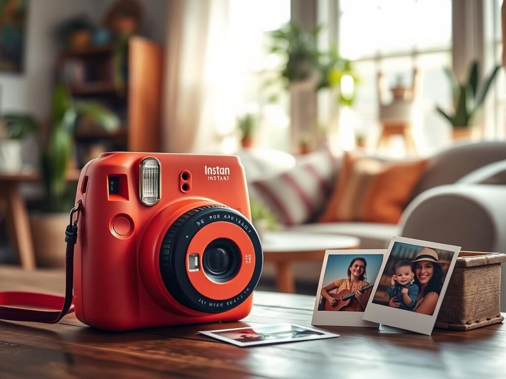A stylish instant camera prominently featured in the foreground, showcasing its vibrant color and compact design, alongside a few freshly printed instant photos that convey joyful moments. In the middle ground, a soft focus on a cozy, well-lit living room setting with a vintage decor theme, featuring warm wooden tones and plant accents. The background should depict a sunny window with soft natural light filtering in, creating a cheerful and inviting atmosphere. Use a shallow depth of field to emphasize the camera and photos, while adding a slight bokeh effect in the background. The mood should evoke nostalgia and creativity, highlighting the charm and appeal of instant photography in modern life.