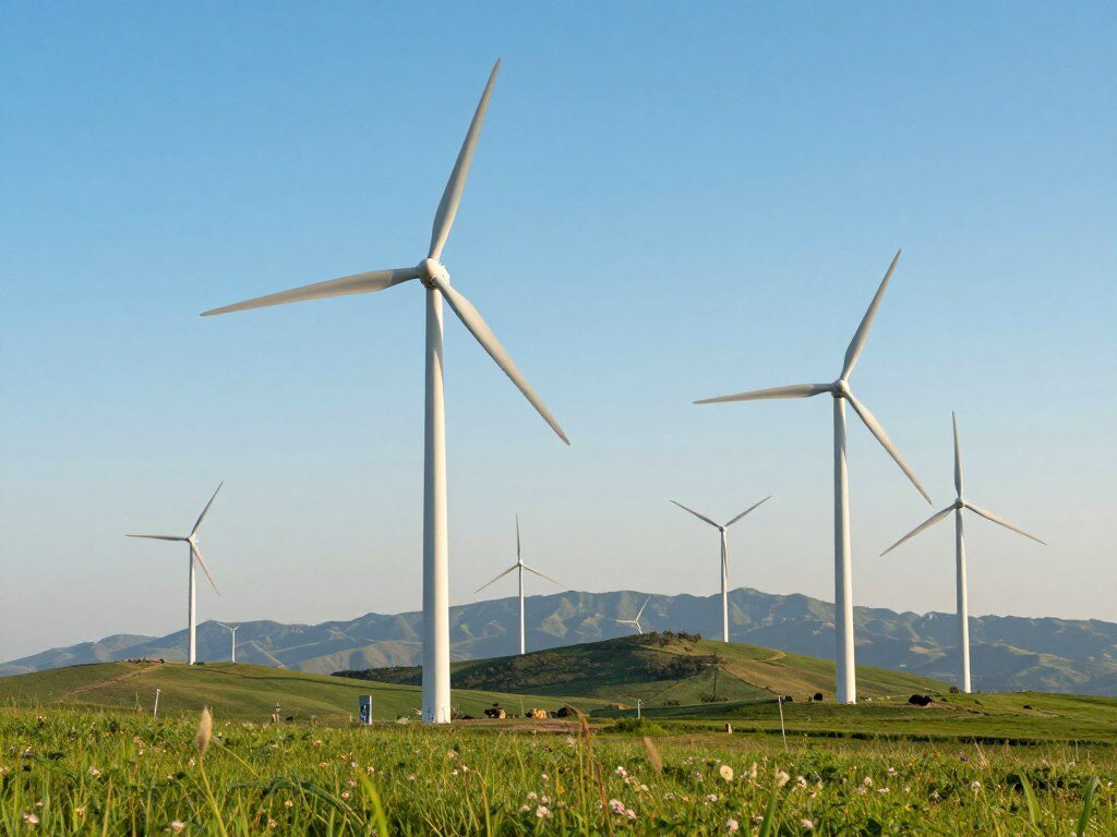 A sweeping landscape showcasing modern wind turbines standing majestically against a clear blue sky. In the foreground, a vibrant green field dotted with wildflowers leads to several sleek, white wind turbines with three elongated blades, capturing the essence of renewable energy. The middle ground features clusters of turbines on gently rolling hills, emphasizing their scale and modern design. In the background, distant mountains provide a picturesque backdrop, enhancing the serene atmosphere. Soft, diffused sunlight bathes the scene, creating gentle shadows and highlights. The mood is optimistic and tranquil, reflecting the promise of sustainable energy solutions. The angle captures the turbines from a slightly low perspective, showcasing their towering presence in harmony with nature.