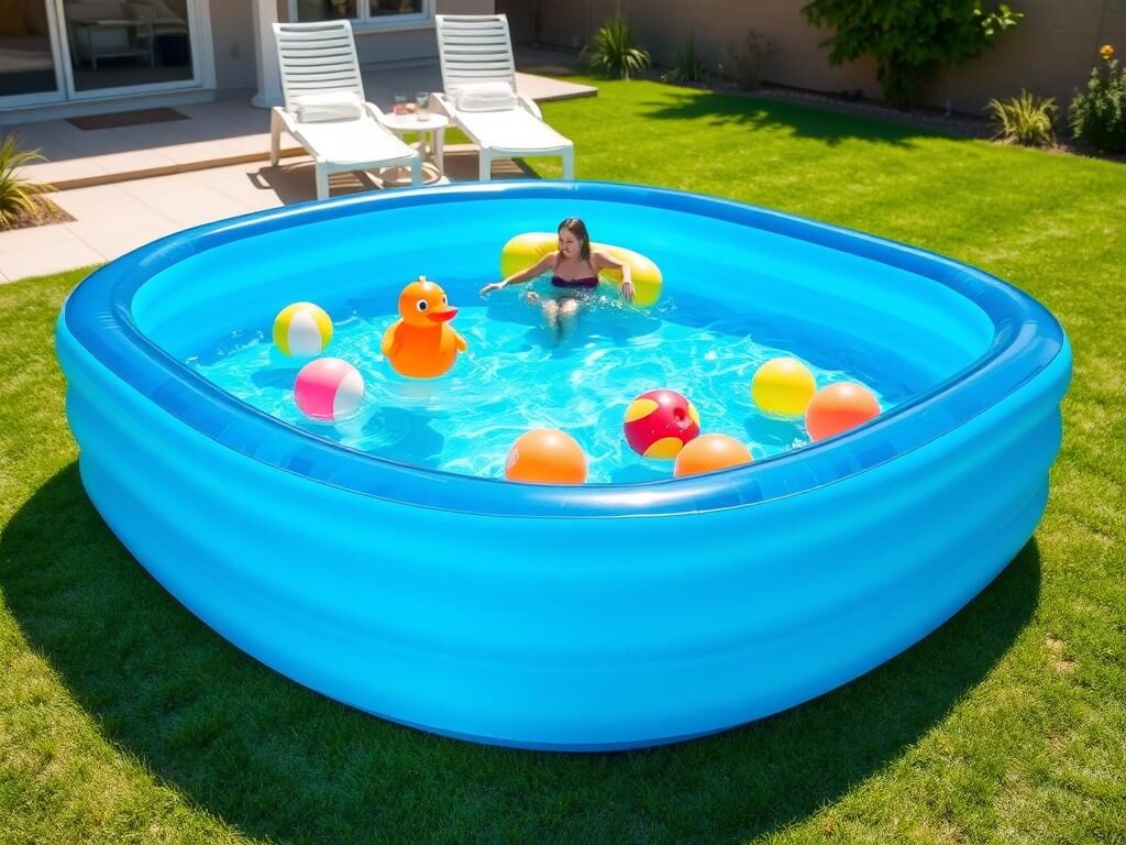 A vibrant, affordable inflatable pool set up in a sunny backyard, showcasing its size and features. In the foreground, the pool is partially filled with crystal-clear water, adorned with colorful beach balls and floating toys. The middle ground captures a cozy patio area with comfortable lounge chairs and a small table with refreshments, enhancing the inviting atmosphere. In the background, a well-maintained lawn and a few garden plants create a serene environment. The lighting is bright and cheerful, suggesting a warm summer day, with soft shadows for depth. The angle is slightly elevated, allowing the viewer to appreciate the pool's design and the surrounding space. The image evokes a sense of relaxation and family fun, perfectly highlighting the benefits of inflatable pools for backyard enjoyment. A vibrant, affordable inflatable pool set up in a sunny backyard, showcasing its size and features. In the foreground, the pool is partially filled with crystal-clear water, adorned with colorful beach balls and floating toys. The middle ground captures a cozy patio area with comfortable lounge chairs and a small table with refreshments, enhancing the inviting atmosphere. In the background, a well-maintained lawn and a few garden plants create a serene environment. The lighting is bright and cheerful, suggesting a warm summer day, with soft shadows for depth. The angle is slightly elevated, allowing the viewer to appreciate the pool's design and the surrounding space. The image evokes a sense of relaxation and family fun, perfectly highlighting the benefits of inflatable pools for backyard enjoyment.