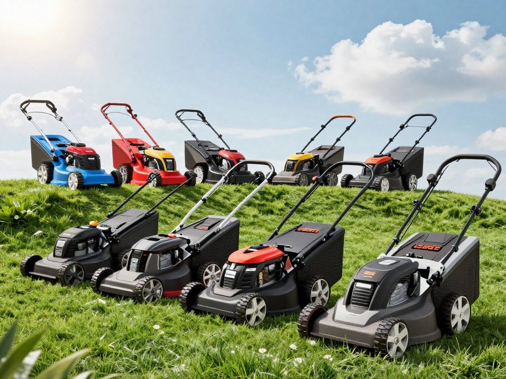 A vibrant and dynamic display of the top 10 lawn mowers for 2026, meticulously arranged in a contemporary outdoor setting. In the foreground, a selection of sleek, high-performance lawn mowers in various colors and designs, showcasing features like ergonomic handles, advanced cutting blades, and eco-friendly electric models. The middle ground features a well-manicured lawn with freshly cut grass, highlighting the mowers' effectiveness. In the background, a sunny sky with fluffy clouds casts soft, natural lighting, enhancing the vivid colors of the mowers. The scene embodies a sense of innovation and efficiency, appealing to gardening enthusiasts and homeowners alike, while maintaining a professional and clean aesthetic, free from any text or branding elements. A vibrant and dynamic display of the top 10 lawn mowers for 2026, meticulously arranged in a contemporary outdoor setting. In the foreground, a selection of sleek, high-performance lawn mowers in various colors and designs, showcasing features like ergonomic handles, advanced cutting blades, and eco-friendly electric models. The middle ground features a well-manicured lawn with freshly cut grass, highlighting the mowers' effectiveness. In the background, a sunny sky with fluffy clouds casts soft, natural lighting, enhancing the vivid colors of the mowers. The scene embodies a sense of innovation and efficiency, appealing to gardening enthusiasts and homeowners alike, while maintaining a professional and clean aesthetic, free from any text or branding elements.