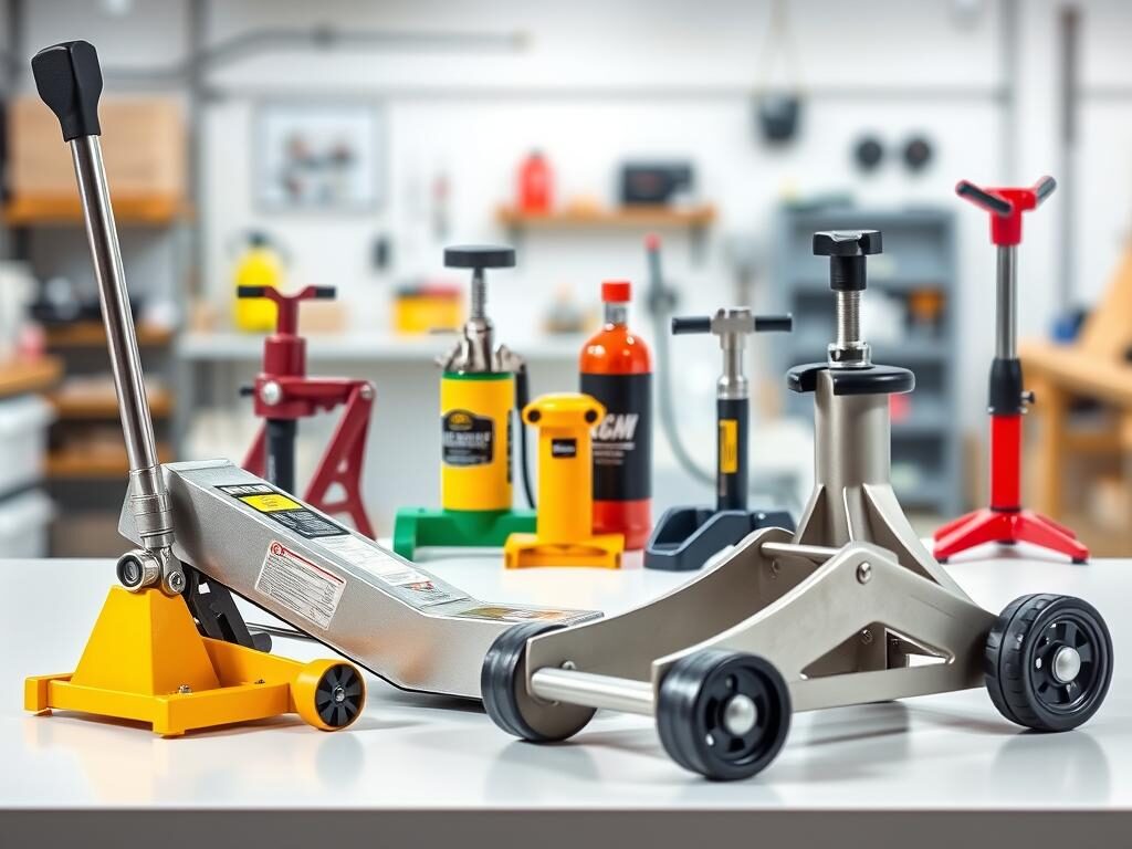 A vibrant display of different types of jacks arranged neatly on a clean, white table against a soft-focus workshop background. In the foreground, showcase a hydraulic floor jack with a sleek metallic finish and sturdy rubber wheels, next to a compact scissor jack with a bright yellow color. In the middle ground, include a car jack, a bottle jack, and a puck jack, each highlighted for distinct features, like lifting mechanisms and weight capacities. The lighting should be bright and even, creating a professional atmosphere with soft shadows. Use a wide-angle lens to capture all elements clearly, imparting a sense of organization and robustness. The mood is informative and engaging, perfect for a comprehensive overview of jack types.