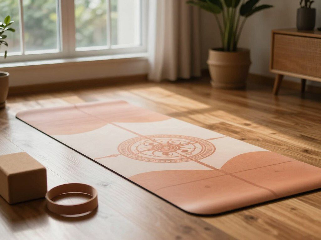 A vibrant yoga mat laid out on a polished wooden floor in a serene home environment. The mat features a calming design in soft earth tones, with intricate patterns symbolizing balance and tranquility. In the foreground, partially visible are a few yoga props, like a block and a strap, offering a sense of preparation for practice. In the middle ground, natural light filters through a large window, casting gentle shadows and creating a warm, inviting ambiance. The background showcases indoor plants that enhance the mood of relaxation and mindfulness. The scene is framed from a slightly elevated angle, emphasizing the mat's texture and the harmony of the space, creating a peaceful atmosphere perfect for understanding personal yoga practice needs.