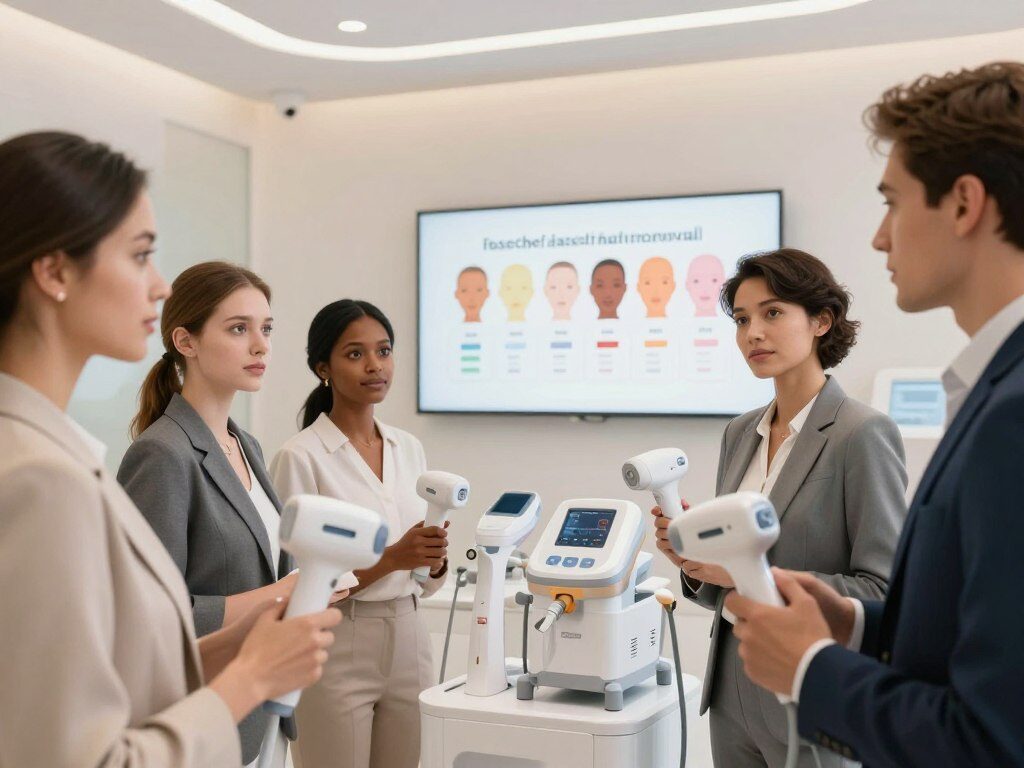A visually engaging illustration depicting skin type compatibility for laser hair removal. In the foreground, a diverse group of models with different skin tones and types examines a range of laser hair removal devices, all dressed in professional business attire. In the middle, an organized display of laser hair removal machines, highlighting their unique features and skin compatibility indicators, surrounded by color-coded skin tone charts. The background features a sleek, modern clinic setting with soft ambient lighting that creates a calm and informative atmosphere. Use a slightly angled perspective to enhance depth, focusing on the models’ expressions of curiosity and interest. The overall mood should be informative and inviting, emphasizing the importance of tailored skin care choices. The image should be clean, clear, and free of any text or watermarks.