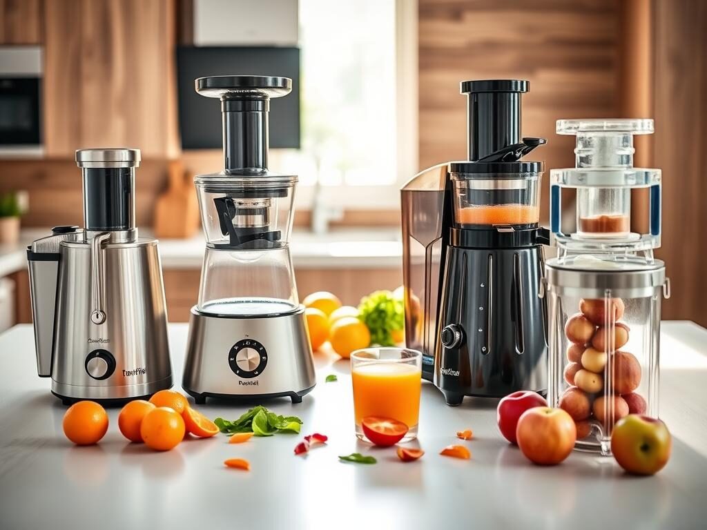 A visually striking comparison of different types of juicers, prominently displayed on a sleek kitchen countertop with a wooden backdrop. In the foreground, three distinct juicers: a centrifugal juicer shining in stainless steel, a masticating juicer with a sleek black finish, and a hydraulic press juicer made of clear glass, showcasing fresh extracted juice. The middle ground features scattered fresh fruits and vegetables—bright oranges, vibrant greens, and juicy apples—to emphasize their juicing capabilities. The background includes soft, blurred kitchen appliances to create depth. The scene is illuminated by natural daylight streaming through a window, casting gentle shadows and bringing a warm, inviting atmosphere. The focus is sharp, capturing the details of each juicer, highlighting their unique features and functionalities.