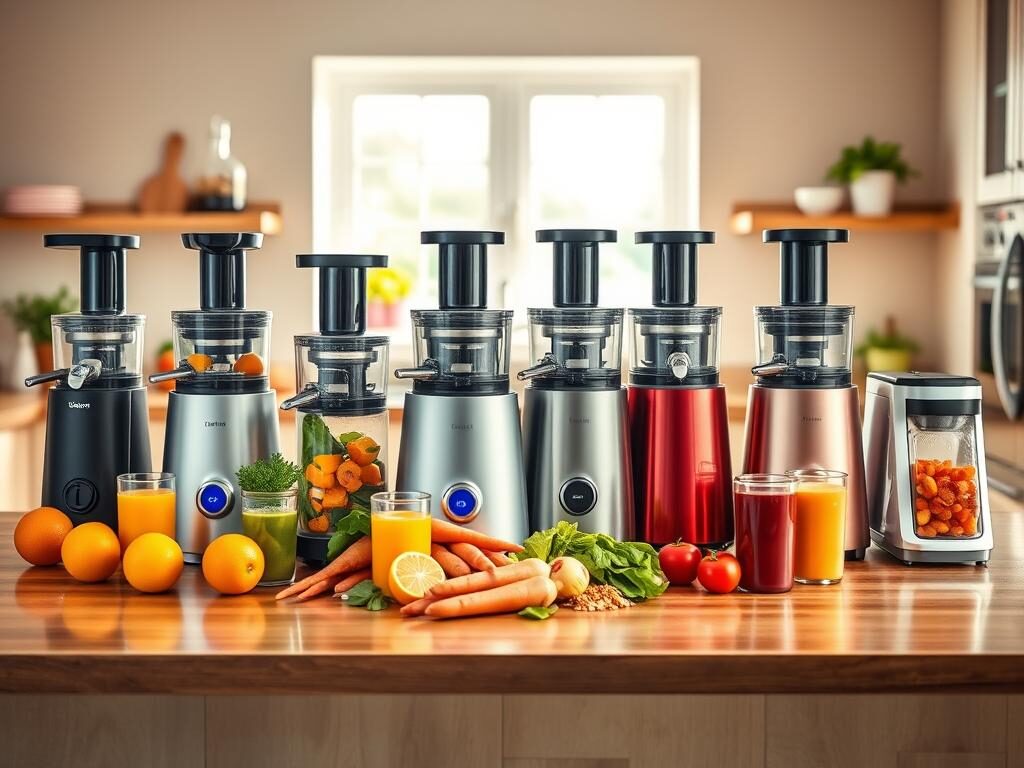 A visually striking composition featuring the top 10 juicers of 2026 displayed on a polished wooden kitchen countertop. In the foreground, each juicer is arranged neatly, showcasing their modern designs, vibrant colors, and unique features, such as sleek spouts and illuminated buttons. In the middle ground, a colorful assortment of fresh fruits and vegetables—like oranges, carrots, and leafy greens—surrounds the juicers, suggesting their uses. The background is softly blurred to create a warm, inviting kitchen atmosphere, illuminated by natural sunlight filtering through a large window. The lens captures the scene from a slightly elevated angle, providing a comprehensive view of the juicers while enhancing the depth of the image, conveying a mood of freshness and health.