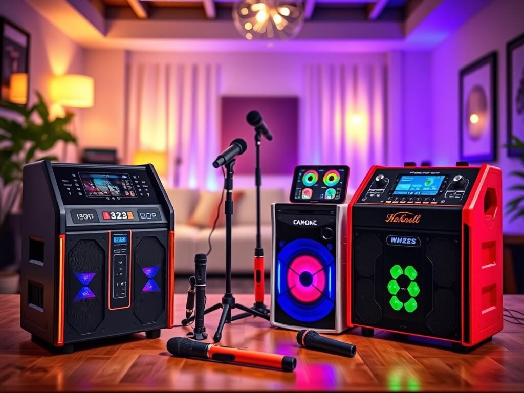 A visually striking display featuring the top karaoke machines of 2026. In the foreground, showcase three popular models with sleek designs, vibrant colors, and visible features like touch screens and built-in speakers. The middle ground should include enticing accessories like microphones and stands, creating an inviting atmosphere for a karaoke party. In the background, a soft-focus room setting with ambient lighting, highlighting a fun, cheerful vibe, perfect for singing along. Use warm, lively colors to evoke excitement, while ensuring a clean, professional composition. Capture the scene with a slightly elevated angle that emphasizes the products, ensuring they remain the focal point. The image should be bright, well-lit, and exude a sense of joy and entertainment.