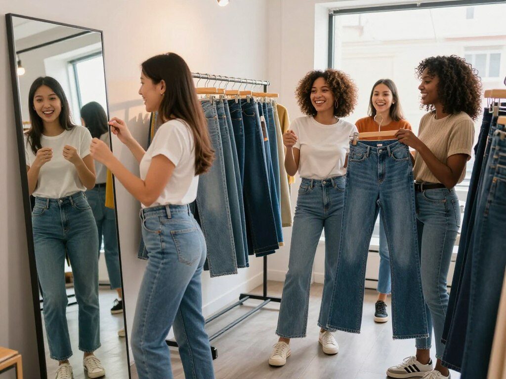 A well-lit clothing store fitting room scene showcasing a diverse group of women trying on various styles of jeans. In the foreground, an excited woman of Asian descent is examining a pair of stylish high-waisted jeans in the mirror, wearing a simple white top. Beside her, a Black woman is holding up a pair of flared jeans to her friend, who is laughing and wearing trendy sneakers. In the middle ground, racks filled with different jean styles and colors create a vibrant atmosphere. Warm, natural lighting filters in through a large window, casting a soft glow on the scene, enhancing the playful and joyful mood as they search for the perfect fit. Capture the lively interactions and the essence of finding the right jeans.