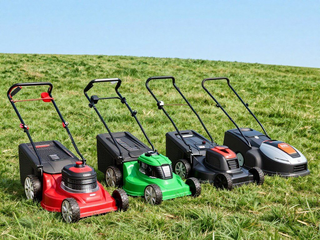 A well-lit, enticing layout showcasing the top 10 lawn mowers of 2026, arranged on a grassy surface in a neat row. The foreground features four distinct lawn mowers, each with unique designs—one gas-powered with a sleek red chassis, a self-propelled electric mower in vibrant green, a compact push mower in classic black, and a high-tech robotic lawn mower. The middle ground displays accessories like grass catchers and maintenance tools, while vivid green grass spreads in the background beneath a clear blue sky. The lighting is bright and natural, enhancing the colors of the mowers and creating a fresh, inviting atmosphere. The scene captures the essence of modern lawn care, emphasizing quality and innovation with a focus on detail and clarity. A well-lit, enticing layout showcasing the top 10 lawn mowers of 2026, arranged on a grassy surface in a neat row. The foreground features four distinct lawn mowers, each with unique designs—one gas-powered with a sleek red chassis, a self-propelled electric mower in vibrant green, a compact push mower in classic black, and a high-tech robotic lawn mower. The middle ground displays accessories like grass catchers and maintenance tools, while vivid green grass spreads in the background beneath a clear blue sky. The lighting is bright and natural, enhancing the colors of the mowers and creating a fresh, inviting atmosphere. The scene captures the essence of modern lawn care, emphasizing quality and innovation with a focus on detail and clarity.