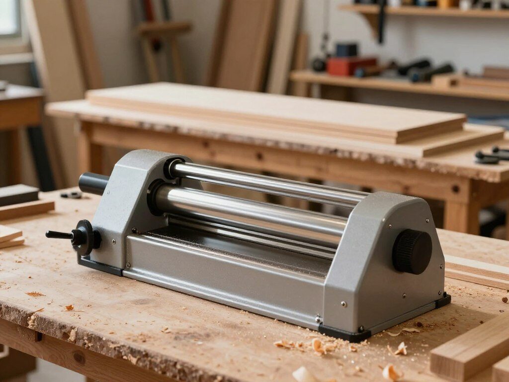A well-lit workshop featuring a modern thickness planer as the central focus in the foreground. The planer is made of polished metal with a sleek design, showing intricate details like the feed rollers and depth adjustment knob. Wood shavings scatter around the base, adding realism. In the middle ground, a wooden workbench displays several finely planed boards, showcasing their smooth surfaces. The background features organized shelves filled with tools and wood, softly blurred to emphasize depth. Warm, natural lighting illuminates the scene, creating a cozy, industrious atmosphere. The angle should be slightly above eye level, emphasizing the functional beauty of the thickness planer in a professional setting.