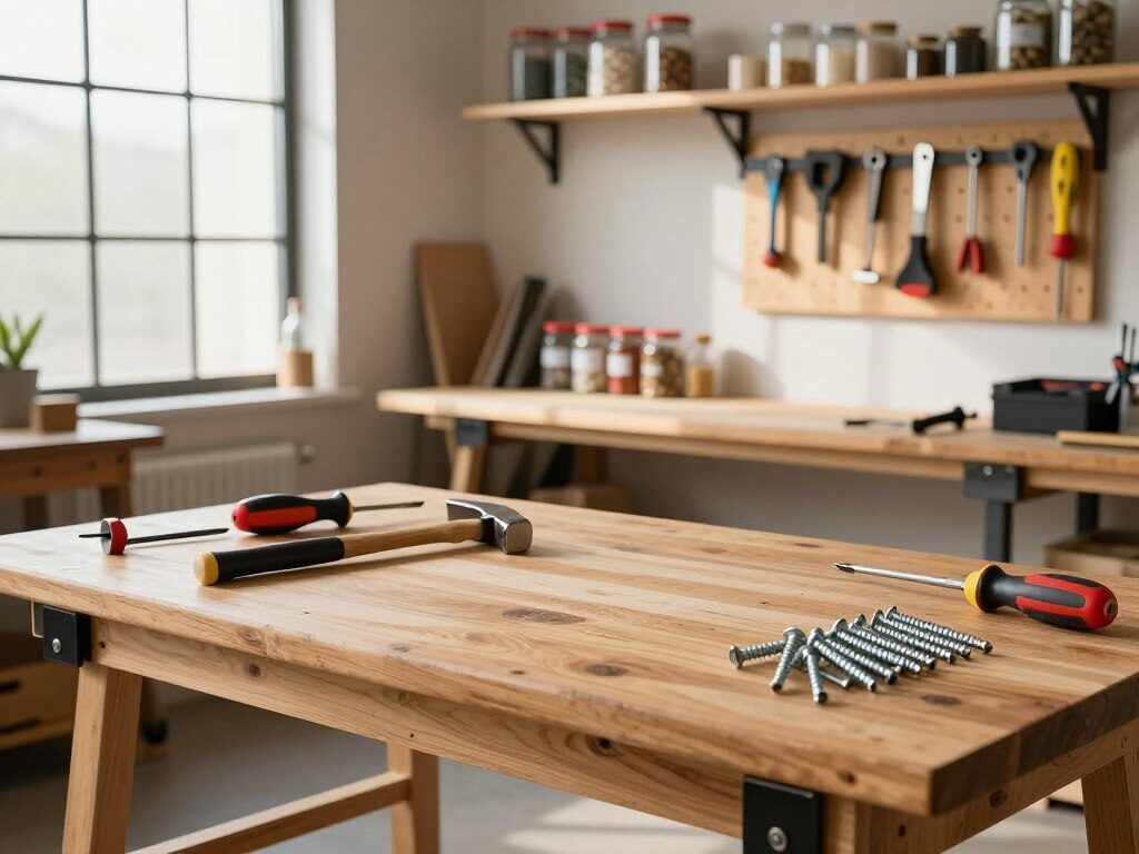 A well-organized workshop featuring a high-quality workbench designed for crafts and repairs. In the foreground, the sturdy wooden workbench is equipped with essential tools: a hammer, screwdriver, and a set of neatly organized screws, all reflecting a polished finish. In the middle ground, shelves adorned with labeled jars of supplies and a pegboard showcasing various hand tools, lighting creating soft shadows to emphasize depth. The background features a large window allowing natural light to flood the space, illuminating the clean, professional atmosphere. The color palette is warm and inviting, with earthy tones and splashes of vibrant tool colors. The overall mood reflects productivity and craftsmanship, making it clear that a quality workbench is essential for any serious workshop. A well-organized workshop featuring a high-quality workbench designed for crafts and repairs. In the foreground, the sturdy wooden workbench is equipped with essential tools: a hammer, screwdriver, and a set of neatly organized screws, all reflecting a polished finish. In the middle ground, shelves adorned with labeled jars of supplies and a pegboard showcasing various hand tools, lighting creating soft shadows to emphasize depth. The background features a large window allowing natural light to flood the space, illuminating the clean, professional atmosphere. The color palette is warm and inviting, with earthy tones and splashes of vibrant tool colors. The overall mood reflects productivity and craftsmanship, making it clear that a quality workbench is essential for any serious workshop.
