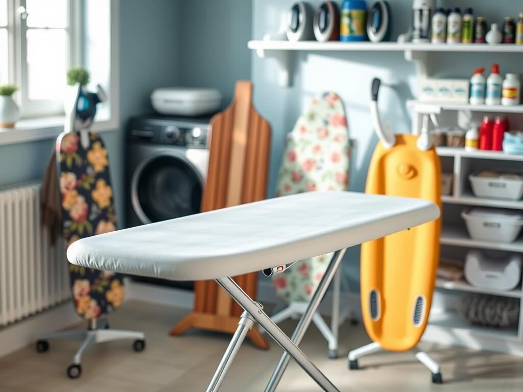 An assortment of ironing boards displayed in a well-lit, modern laundry room setting, showcasing various styles and features. In the foreground, a sleek, height-adjustable ironing board with a cotton cover, its chrome legs gleaming under soft ambient lighting. Behind it, a classic wooden ironing board with a vintage floral design and an attached iron holder. The middle ground features a brightly colored ironing board with an ergonomic design and built-in steam vents. In the background, shelves neatly organized with various ironing accessories like starch sprays and fabric protectors. The overall mood is informative and practical, with soft, natural light filtering in through a nearby window, creating a warm and inviting atmosphere. The focus is on clarity and detail, highlighting the different factors to consider when choosing ironing boards.