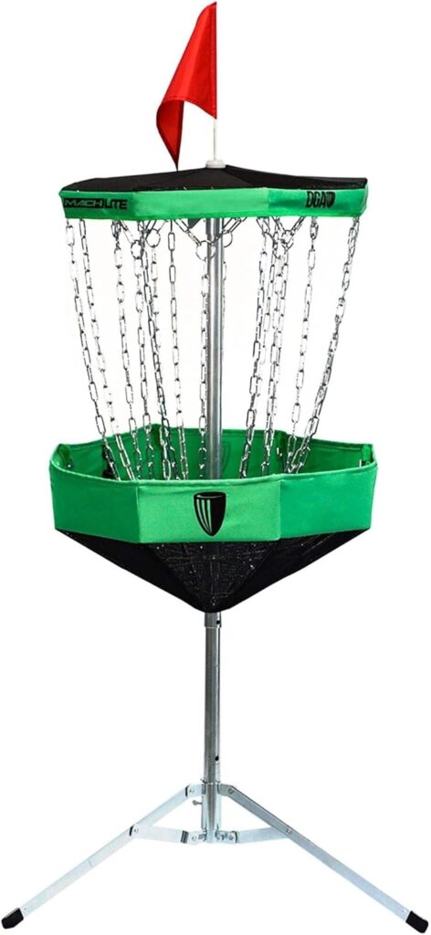 DGA Mach Lite portable disc golf basket setup in park DGA Mach Lite portable disc golf basket setup in park