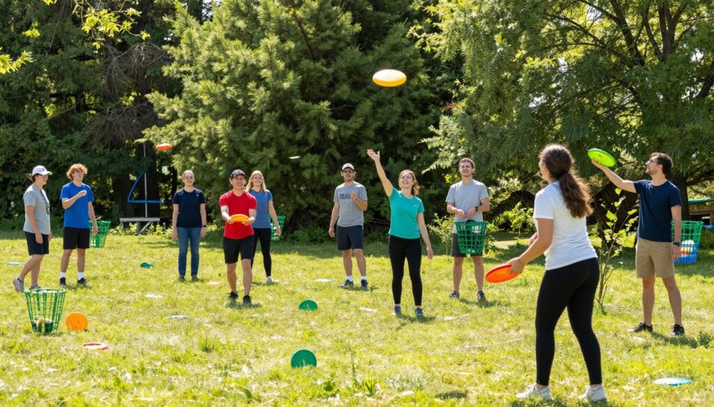 Group of people practicing tossing and putting for disc golf on beautiful outdoor course