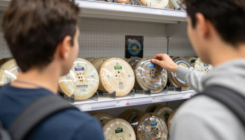 Young man shopping for disc golf starter sets on store shelf