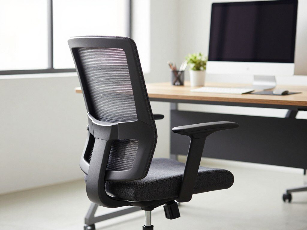 a modern ergonomic office chair prominently displayed in the foreground, featuring adjustable lumbar support, breathable mesh fabric, and sleek armrests. The chair is positioned slightly tilted to showcase its adjustable features, with a focus on the refined detailing and stitching. In the middle ground, a stylish wooden desk with a minimalist computer setup complements the chair, adding an element of sophistication. The background features a bright, airy office environment with large windows letting in soft natural light, highlighting the chair's design. The mood is professional yet inviting, creating a sense of focus and productivity. Use a soft focus lens effect to enhance the chair's prominence, ideally captured at eye level to emphasize its ergonomic features.