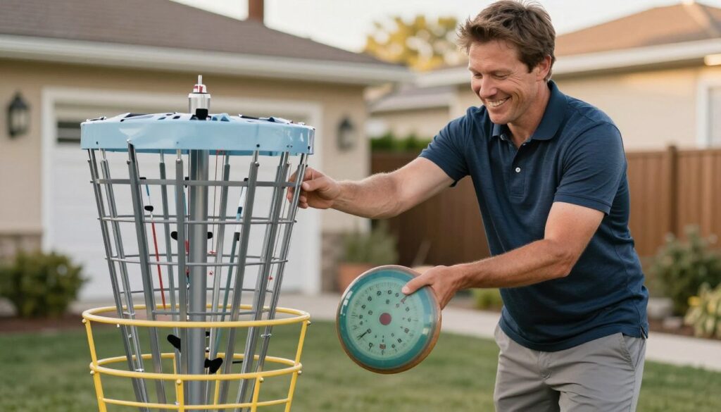 happy disc golf player with new portable basket happy disc golf player with new portable basket